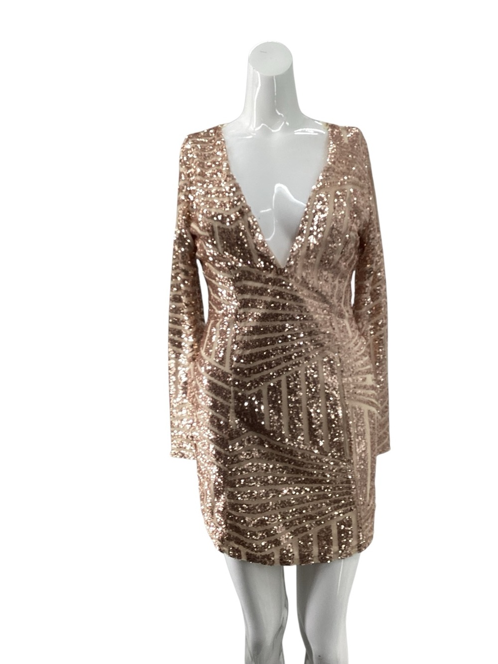 Luxxel Rose Gold Sequin V-Neck Long Sleeve Mini Dress